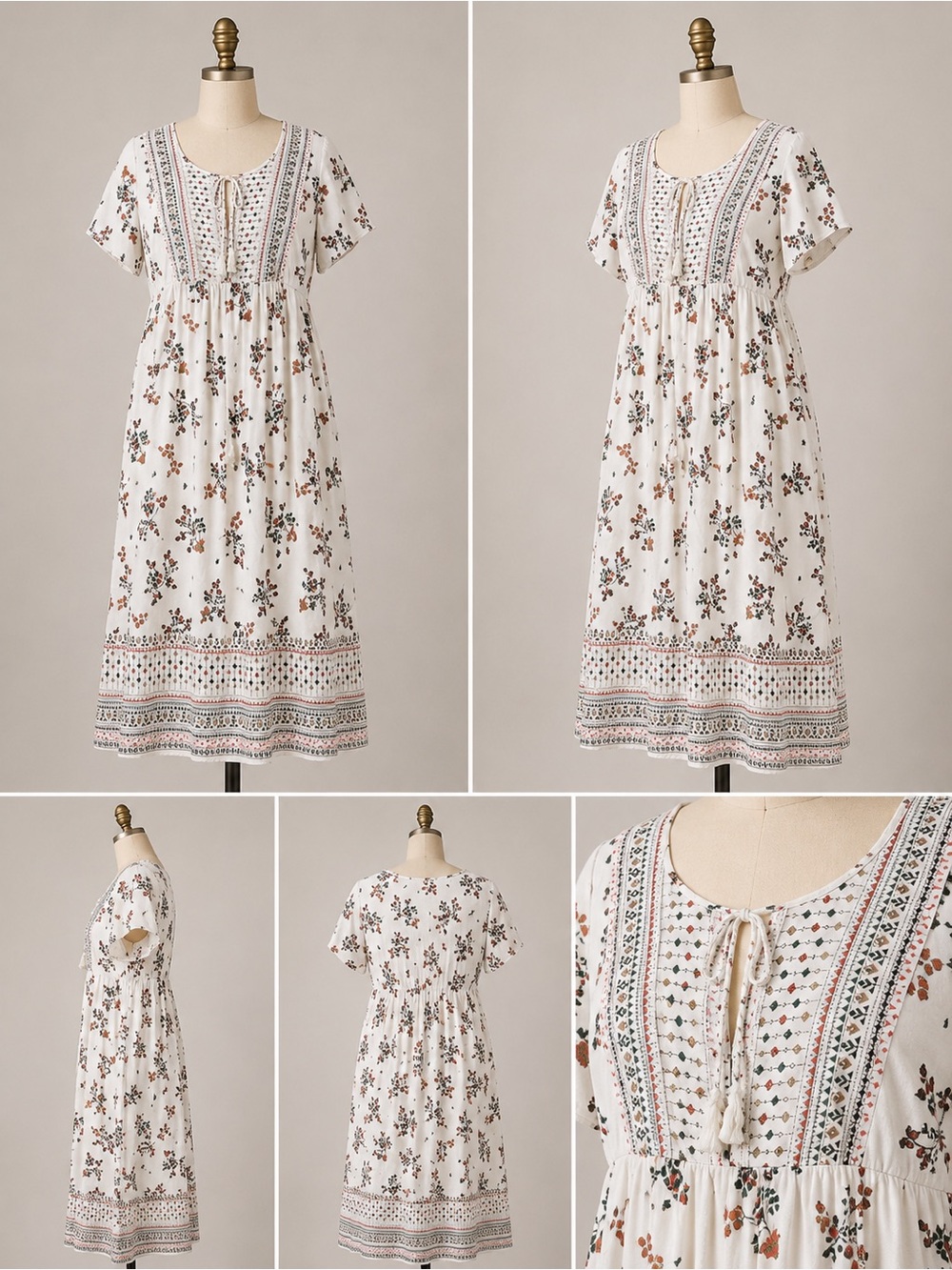 Lapogee Boho Floral Tie-Front Breathable Midi Dress Size L Flutter Sleeve Summer